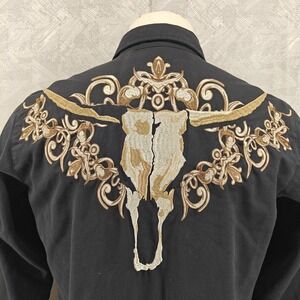 Roper Western Shirt Mens Small‎ Black Gold Skull Embroidered Pearl Snap Western